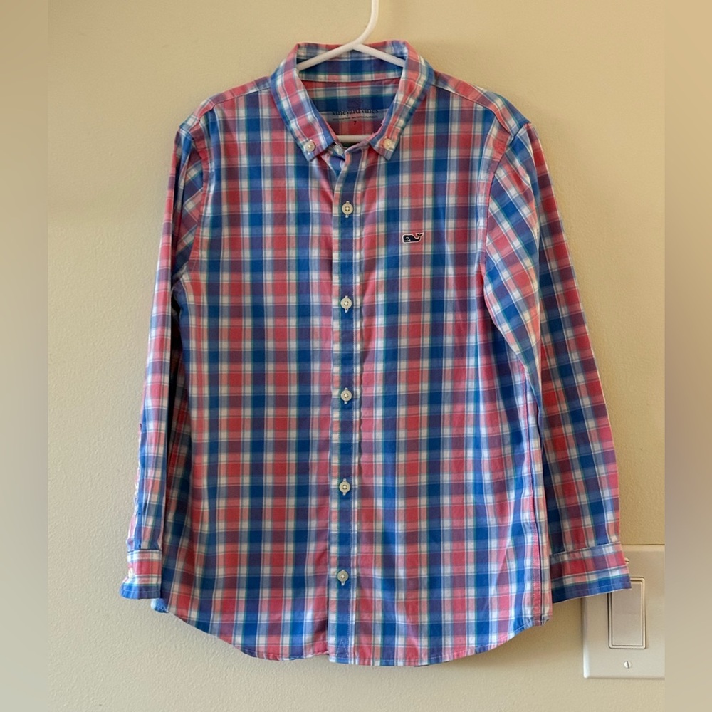 {Vineyard Vines}-Size 7-Boys Pink and Blue plaid button down